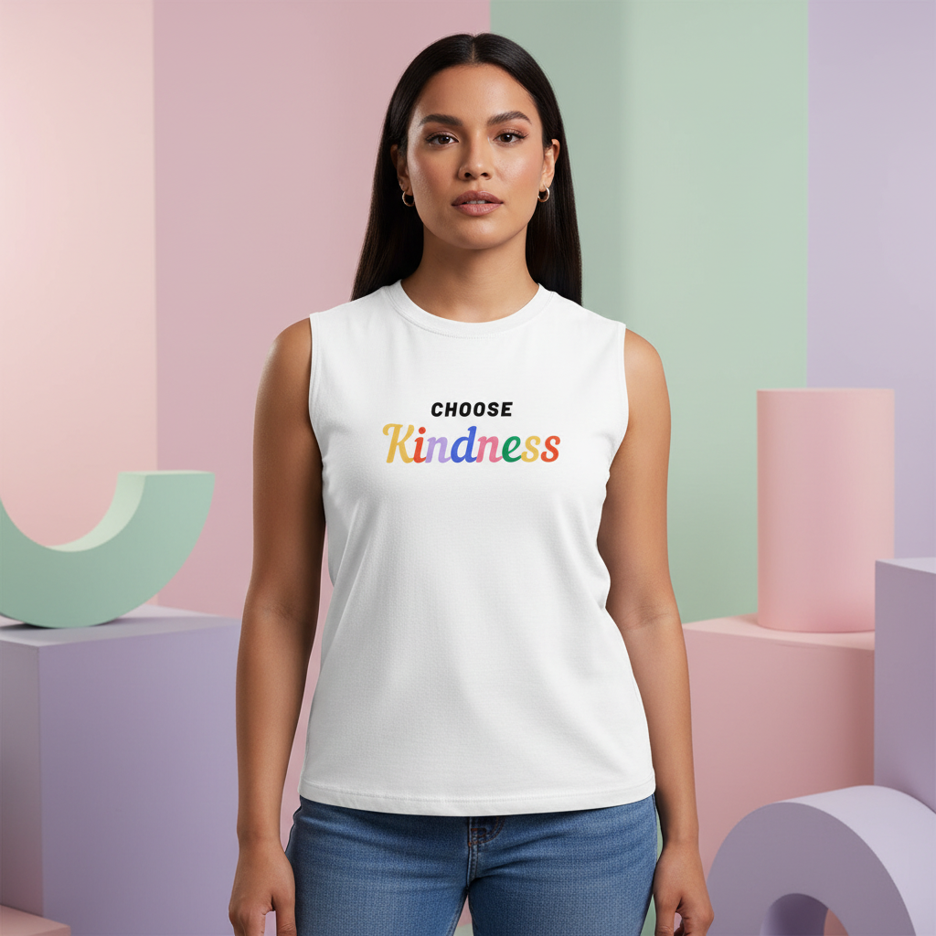 The Choose Kindness Muscle Top, a white relaxed-fit tee with “CHOOSE Kindness” in bold rainbow hues