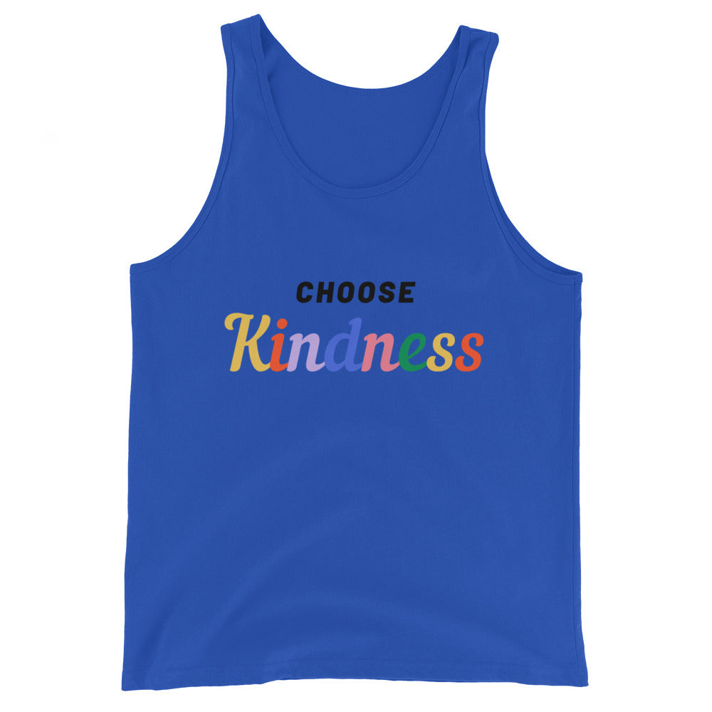 Front view of a royal blue tank top reading “CHOOSE Kindness” in multicolored lettering