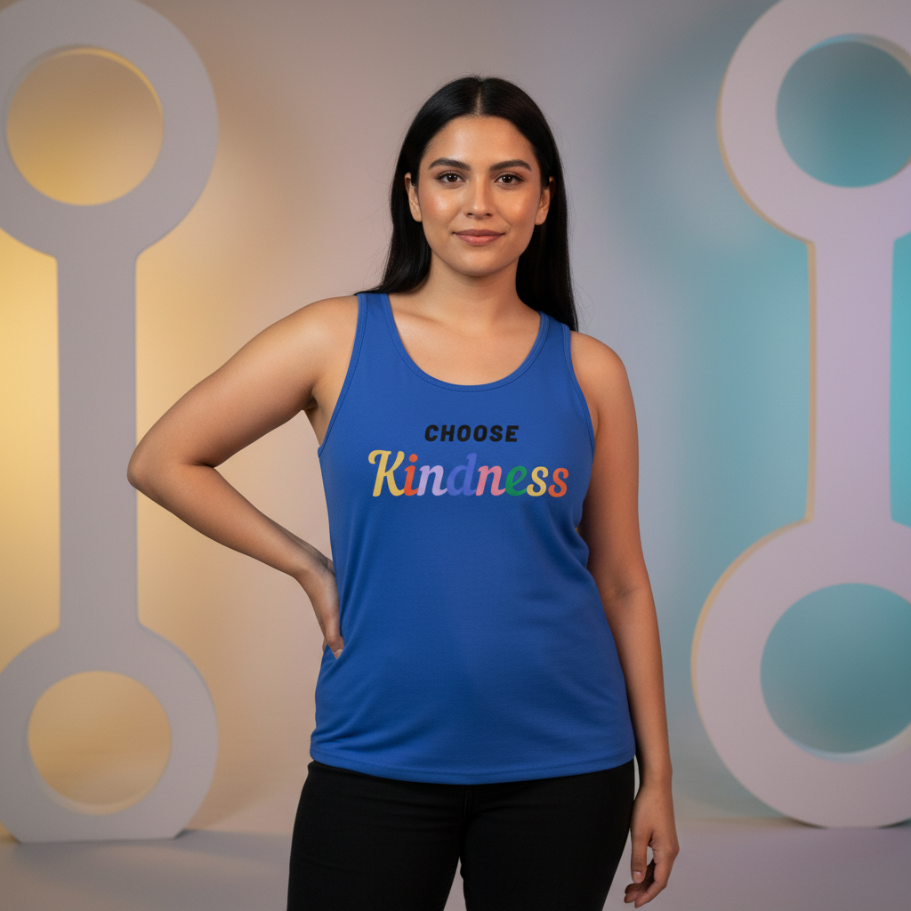 Model wearing a blue tank top reading “CHOOSE Kindness” in rainbow-colored lettering