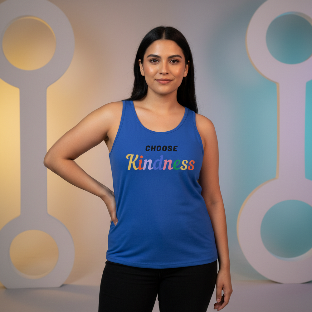 Model wearing a blue tank top reading “CHOOSE Kindness” in rainbow-colored lettering