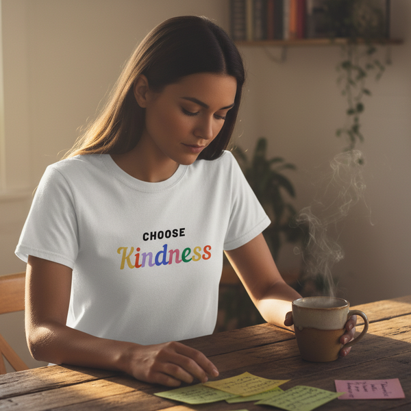 Choose Kindness T-Shirt on a person at a wooden table, sipping from a mug and eyeing bright sticky notes in sunlit