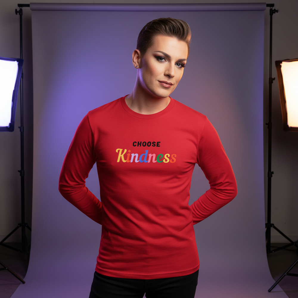 Choose Kindness Unisex Long Sleeve T-Shirt with "CHOOSE Kindness" in rainbow letters