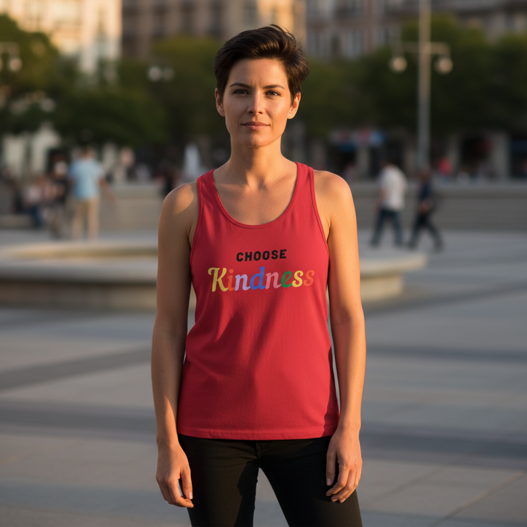Red Choose Kindness unisex tank top with bold rainbow letters, styled by a short-haired woman in black pants in a city plaza.