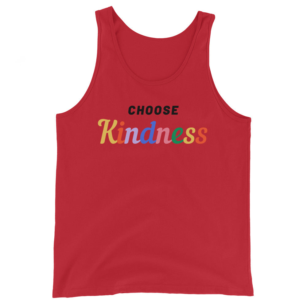 Front view of a red tank top with “CHOOSE Kindness” in multicolored lettering