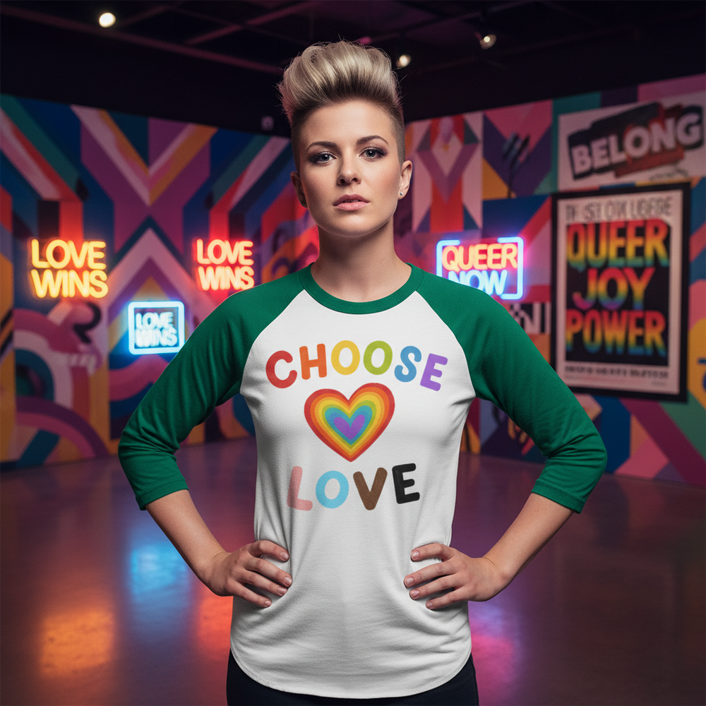 Choose Love 3/4 sleeve raglan shirt with “CHOOSE LOVE” and rainbow heart, worn in a neon-lit LGBTQ+ gallery