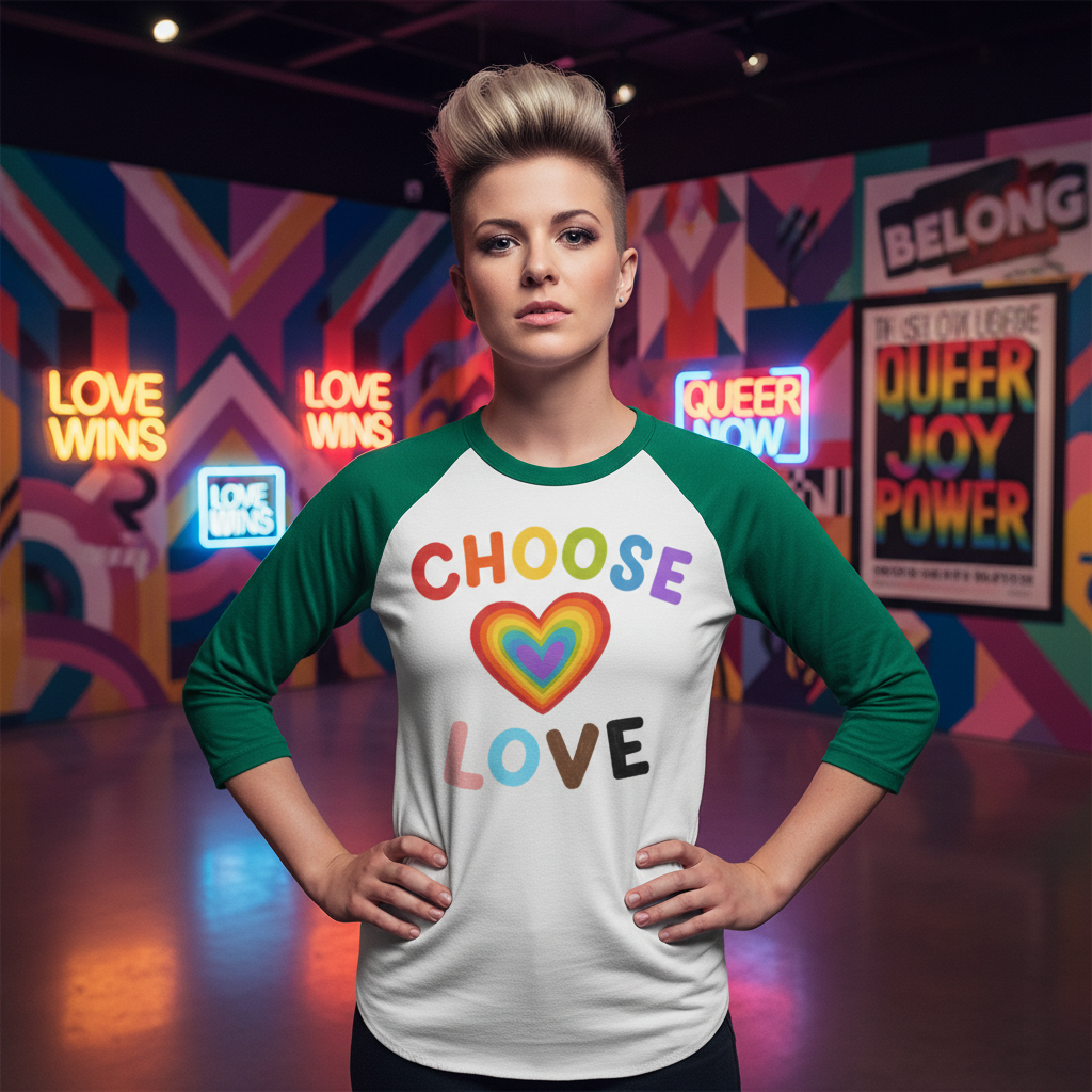 Choose Love 3/4 sleeve raglan shirt with “CHOOSE LOVE” and rainbow heart, worn in a neon-lit LGBTQ+ gallery