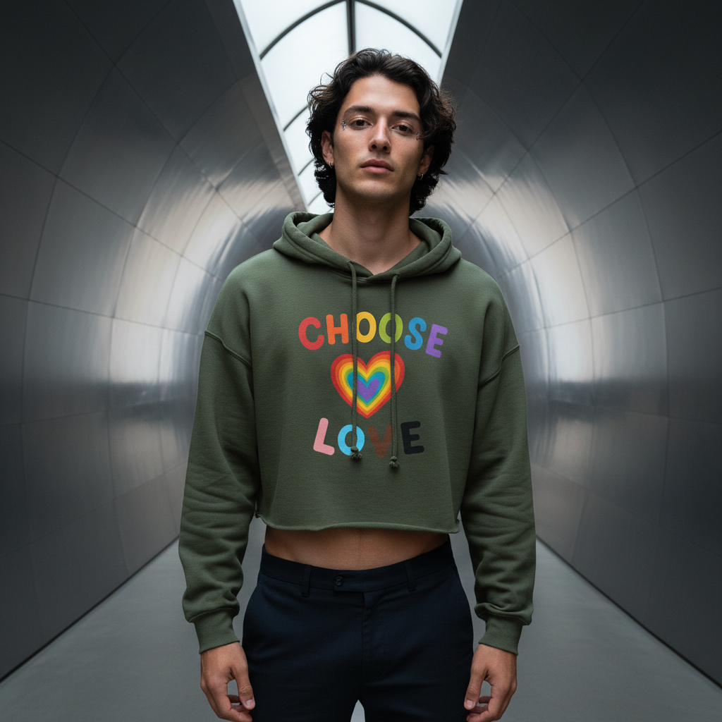 Choose Love Crop Hoodie, olive green with “CHOOSE LOVE” in rainbow letters and rainbow heart, worn by a person, dark pants