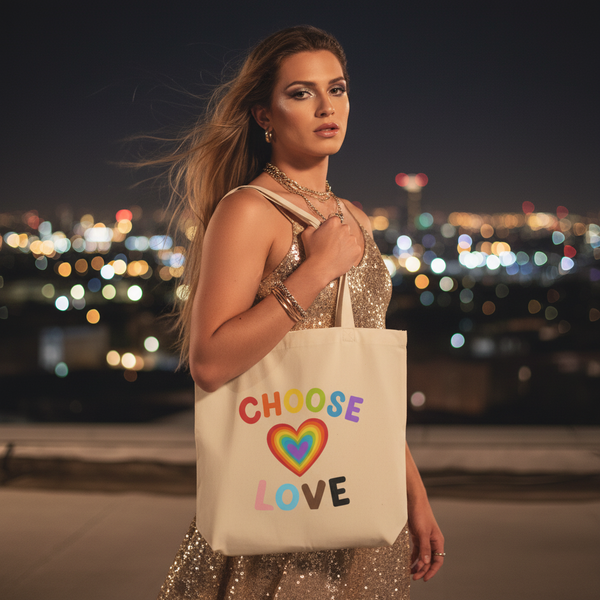 person in a sequined dress holds a canvas tote reading “CHOOSE LOVE” with a rainbow heart