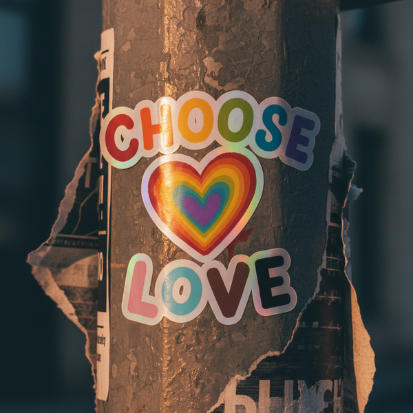 Choose Love holographic sticker with a bold rainbow-striped heart and 