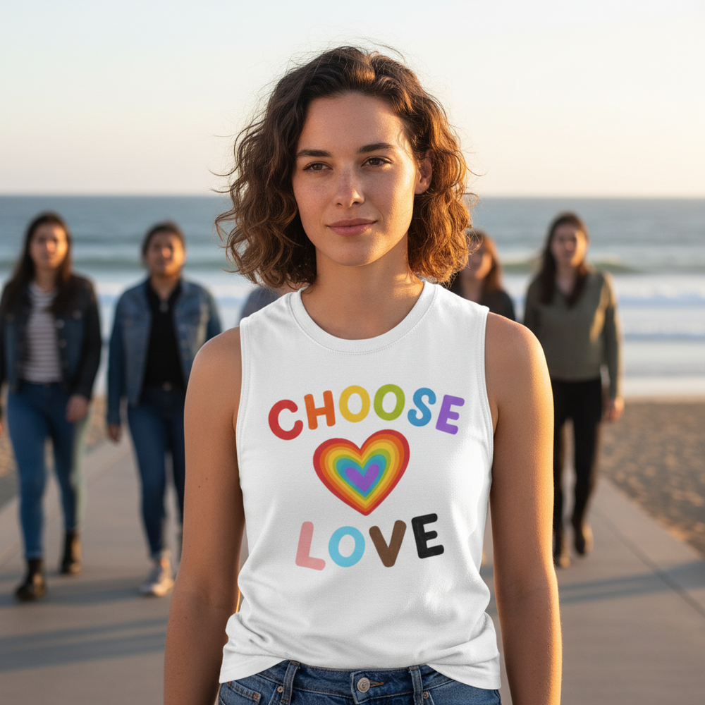 Choose Love Muscle Top with rainbow heart graphic, rocked by a curly-haired person
