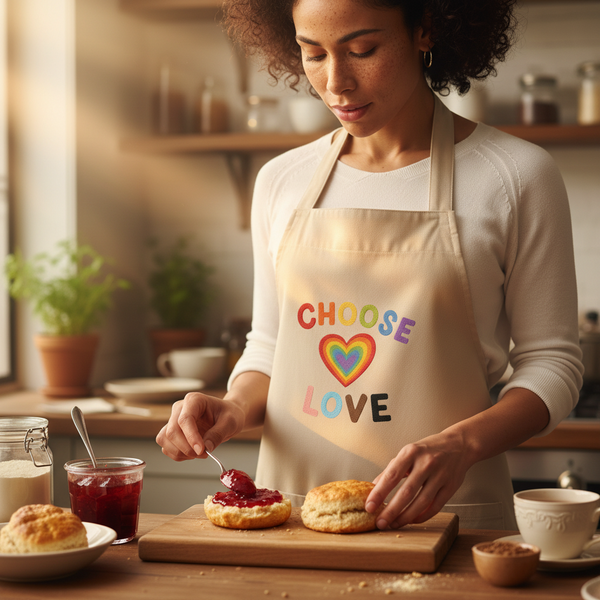 Person spreading red jam on a scone while wearing a beige apron reading “CHOOSE LOVE”