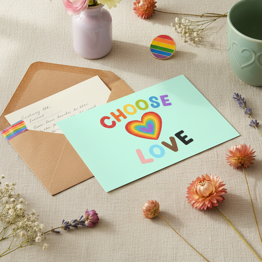 Pastel "CHOOSE LOVE" postcard with rainbow heart, on beige table with dried flowers, rainbow heart sticker, mint mug