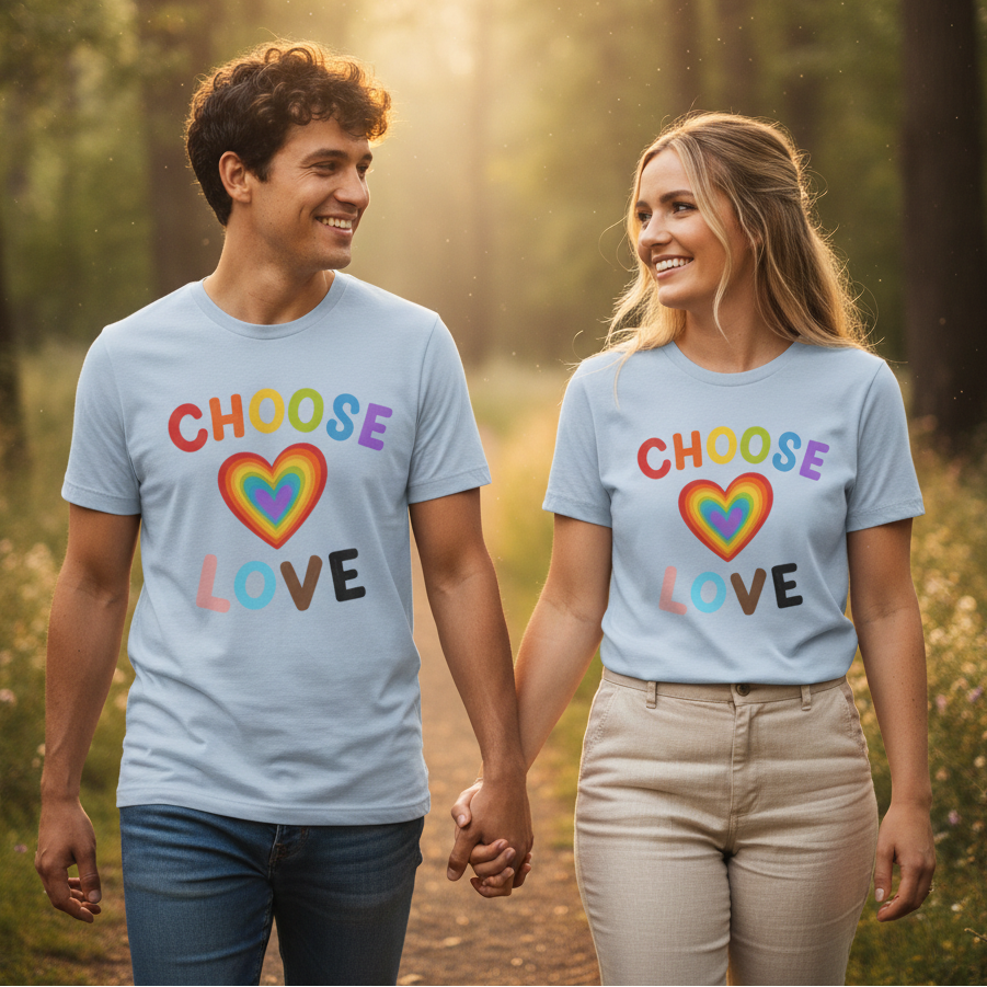Choose Love T-shirts with rainbow heart and bold “CHOOSE LOVE” text