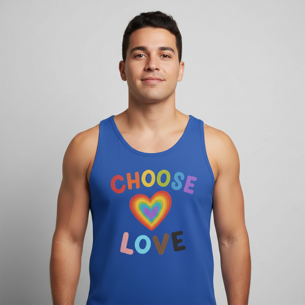 Royal blue unisex tank top with a bold rainbow heart and multicolored "CHOOSE LOVE" text—effortlessly queer