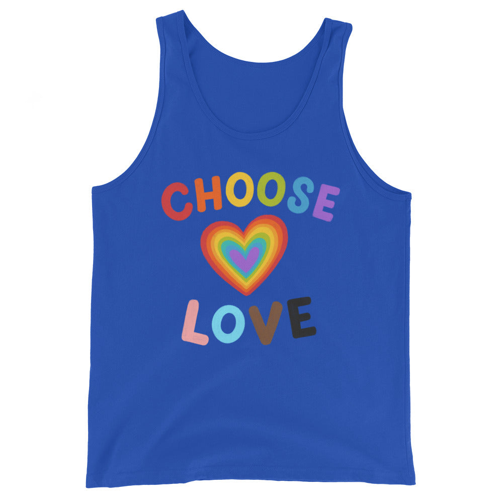 Unisex tank top in royal blue with “CHOOSE LOVE” in bold rainbow letters above and below a rainbow heart