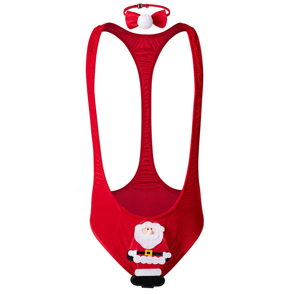 Front view of a red Santa-themed mankini with a matching bow tie