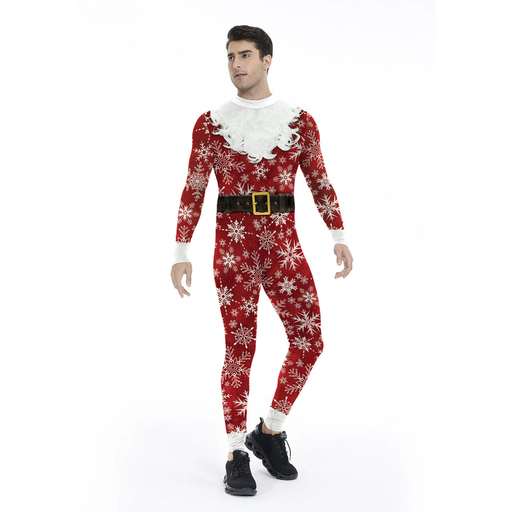 Front view of a person wearing a red Santa bodysuit with snowflakes, beard, and belt