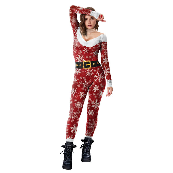 Front-view model wearing a red snowflake bodysuit with white trim and a Santa belt