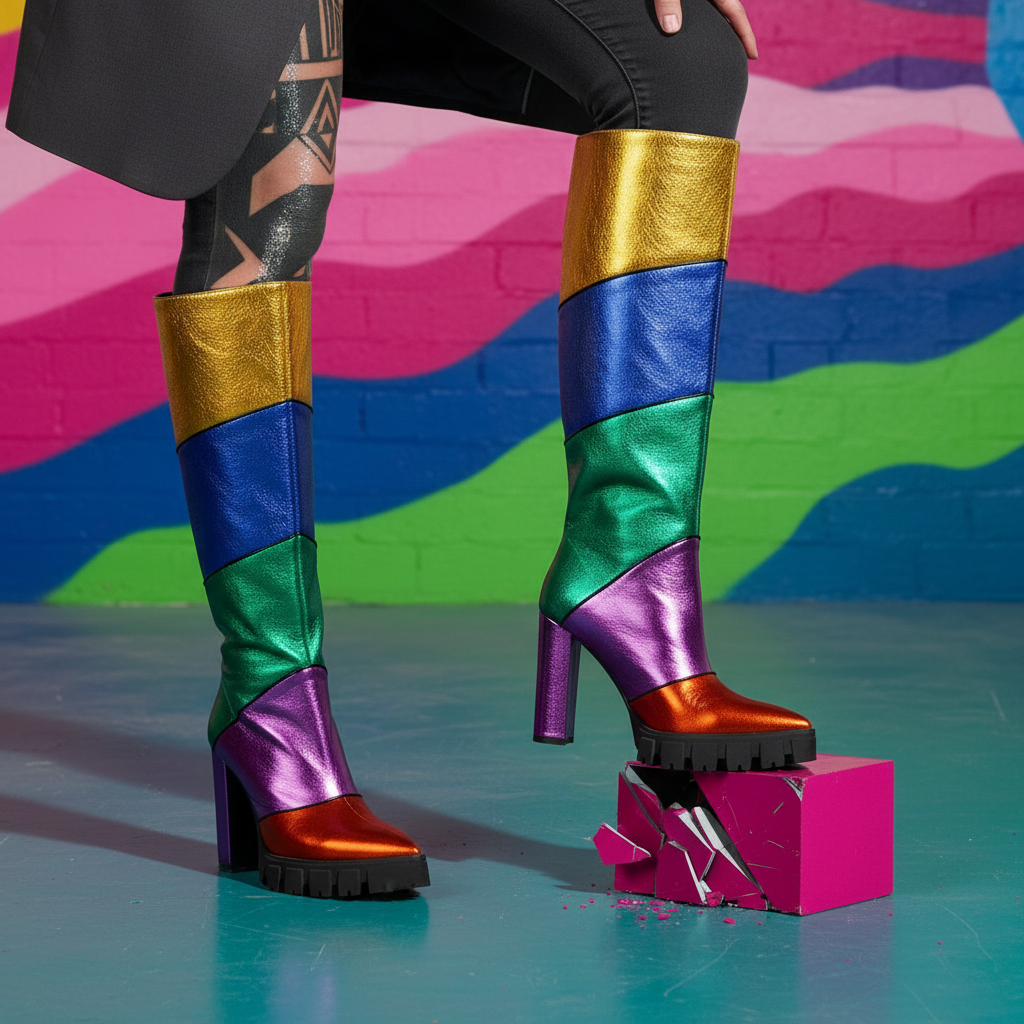 Close-up of metallic patchwork knee-high heeled boots, one crushing a pink block