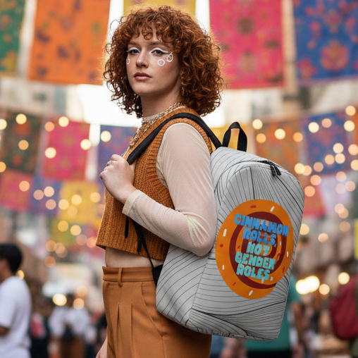 Cinnamon Rolls Not Gender Roles backpack slung on a femme with curly red hair, face paint, orange vest