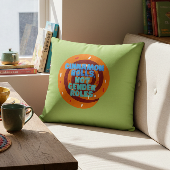 Cinnamon Rolls Not Gender Roles pillow with green design and cinnamon roll print on beige couch
