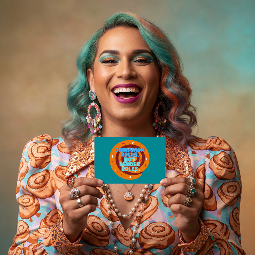 Cinnamon Rolls Not Gender Roles Postcard held by a smiling person with wavy teal-and-pink hair, vibrant makeup