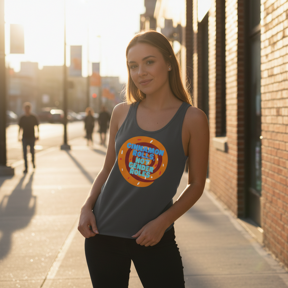 The Cinnamon Rolls Not Gender Roles unisex tank top, worn by a person on a sunny city sidewalk