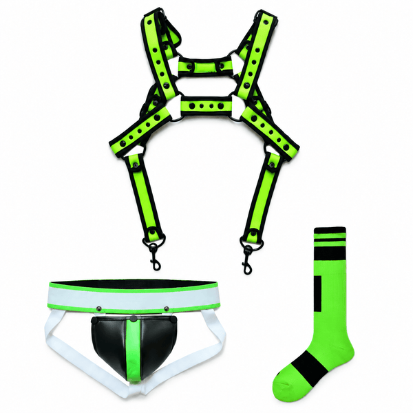 Flat lay of a neon green and black harness, thong, and matching sock