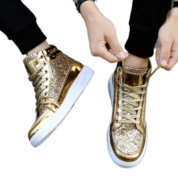 Pair of gold glitter high-top sneakers shown on feet, one angled and one front-facing