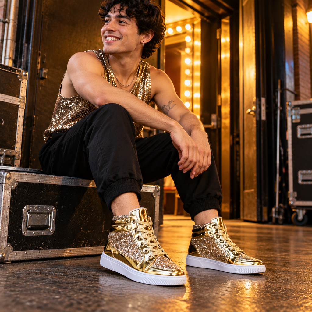 Circuit Party High Top Sneakers in the Gold variant, worn in a lifestyle setting.