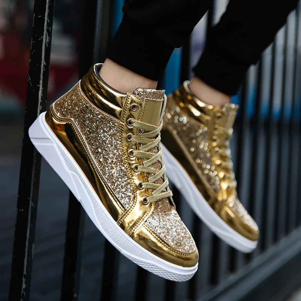 Close-up of glittering gold high-top sneakers with white soles, worn on feet