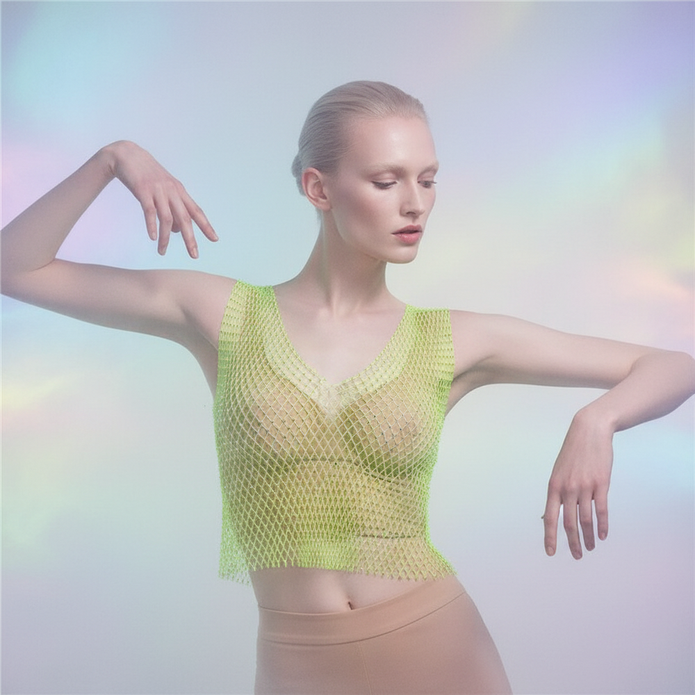 Model wearing a neon green diamond-mesh cropped tank top over a nude bra