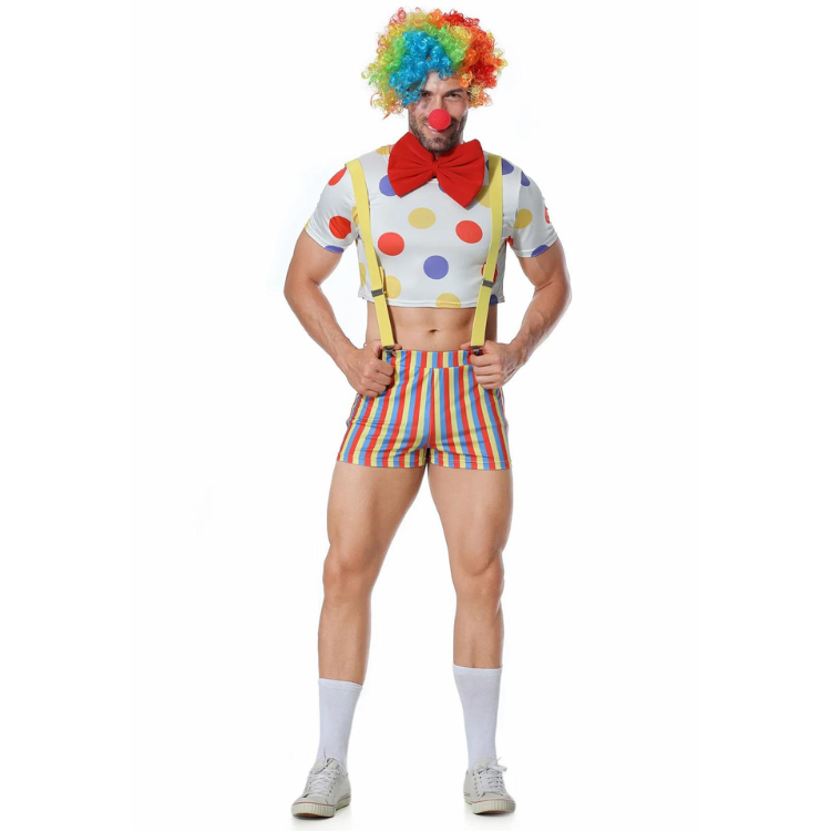 Front-view model wearing a rainbow clown costume with polka-dot top and striped shorts