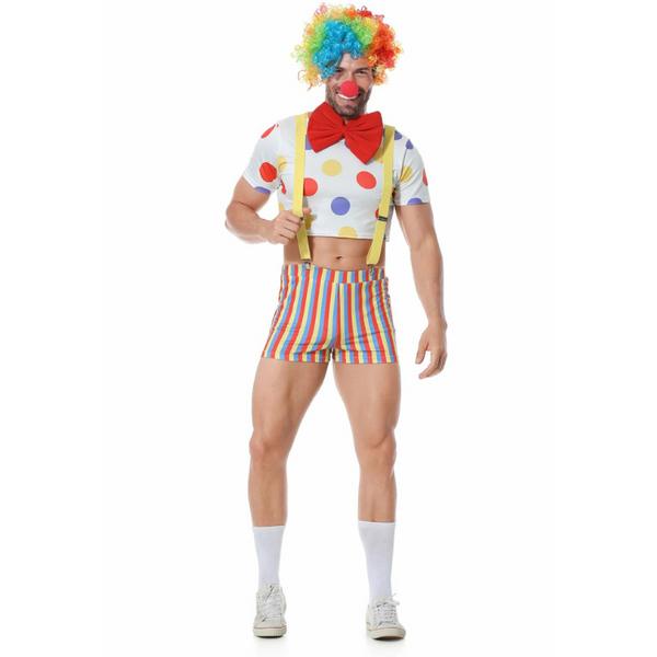 Front-facing model wearing a colorful clown costume with rainbow wig and red bow tie