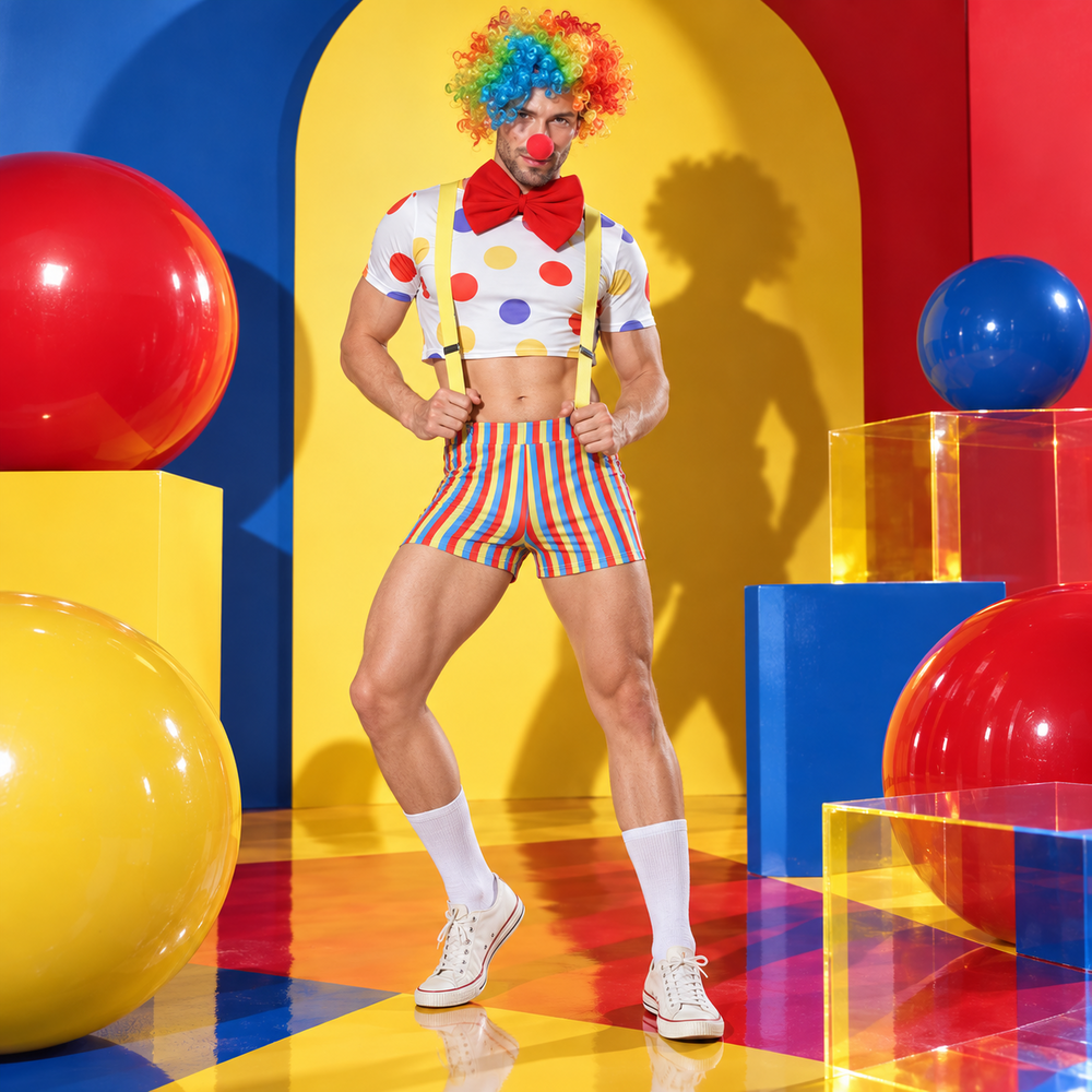Circus Stud Gay Clown Costume styled as a men's circus costume backstage under show lights