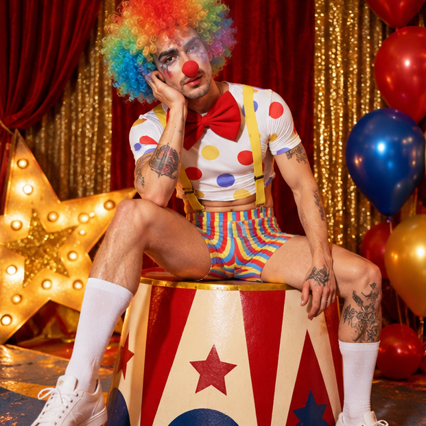 Circus Stud Gay Clown Costume styled as a queer clown costume at a camp Halloween party