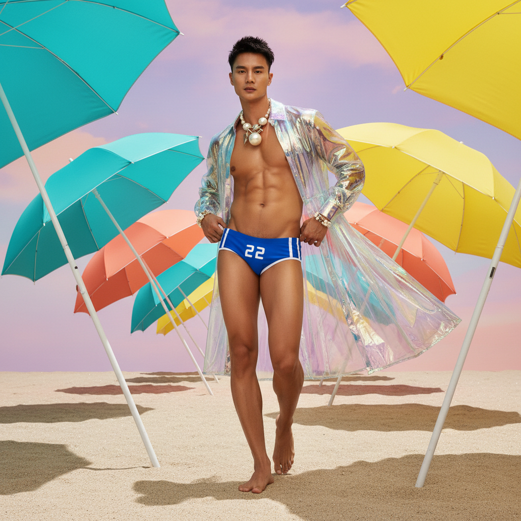 Front-facing model wearing blue swim briefs marked “22” on a beach with colorful umbrellas