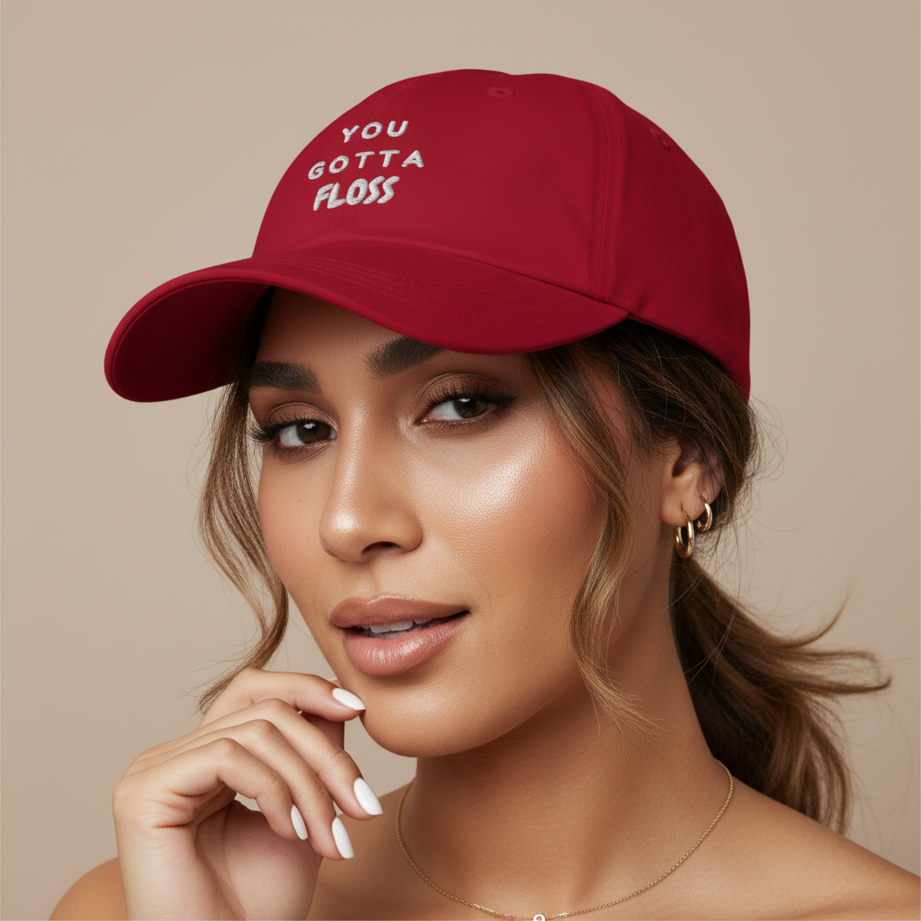 Red embroidered "YOU GOTTA FLOSS" cap, modeled by a femme with wavy light brown hair, gold hoops, subtle glam, beige backdrop.