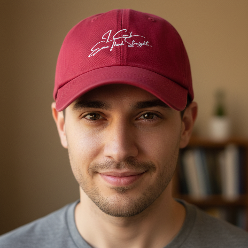 Red pride baseball cap with "I Can't Even Think Straight" in white script, worn by a smiling young queer man in a gray tee.