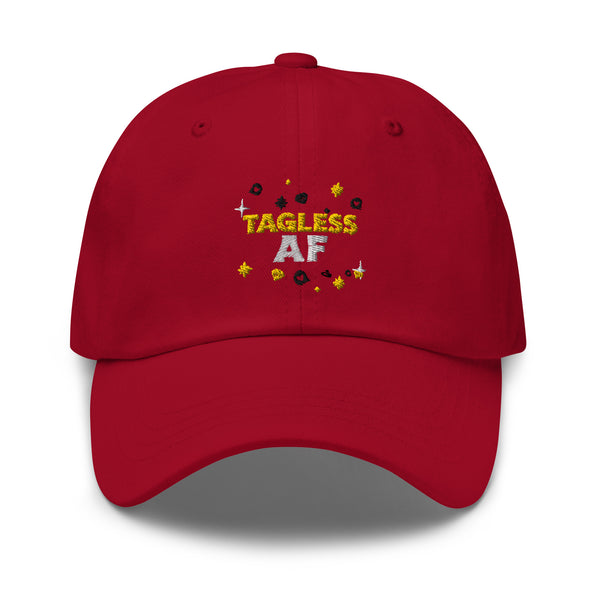 Red Tagless AF cap with embroidered stars and dots, embodying queer pride and empowerment. Unstructured, low-profile design with an adjustable strap, perfect for bold self-expression.