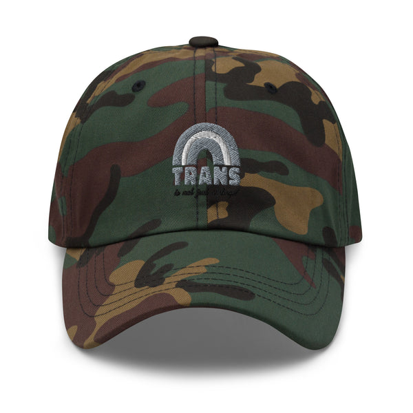 Woodland camouflage cap, front curved brim; trans Pride cap with “Trans Is Not Just A Stage!” design