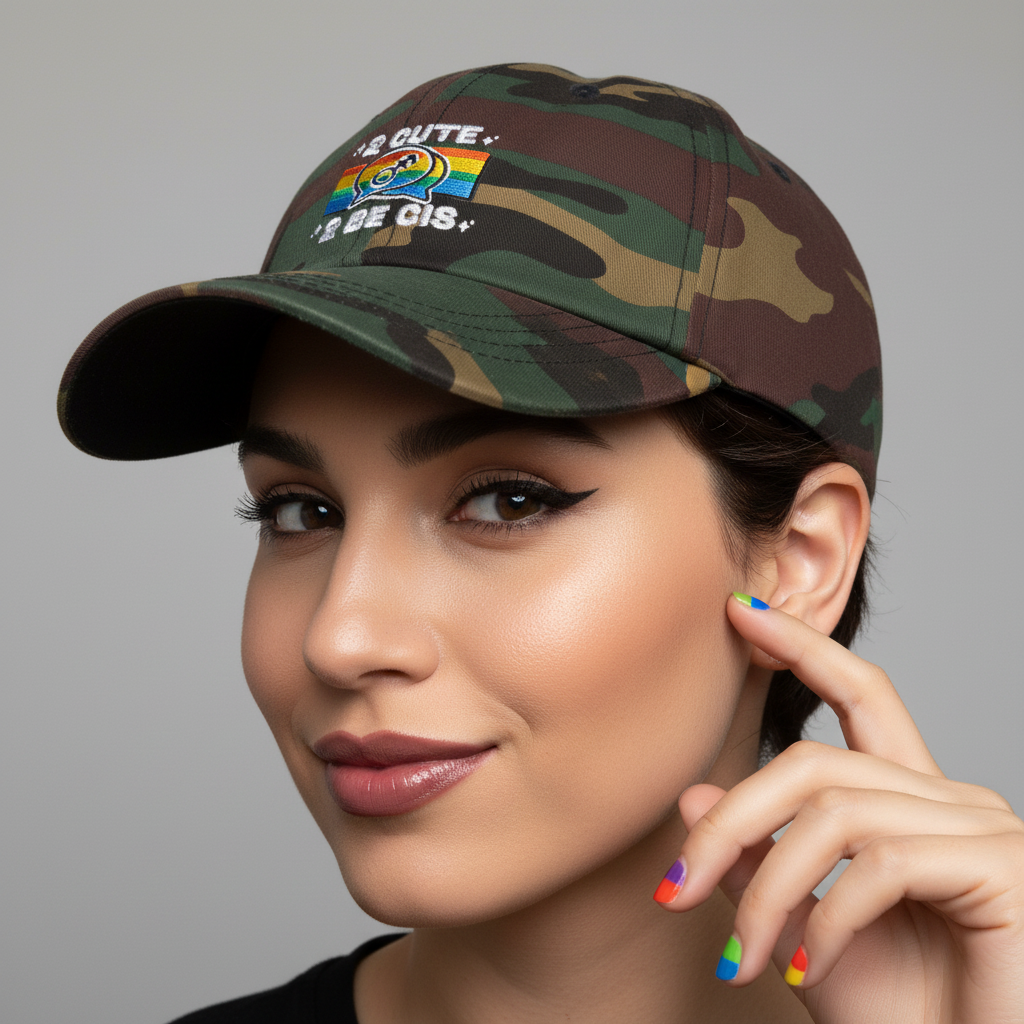 2 Cute 2 Be Cis" cap in green camo with rainbow flag, worn by a smiling person flaunting rainbow nails and bold queer makeup.