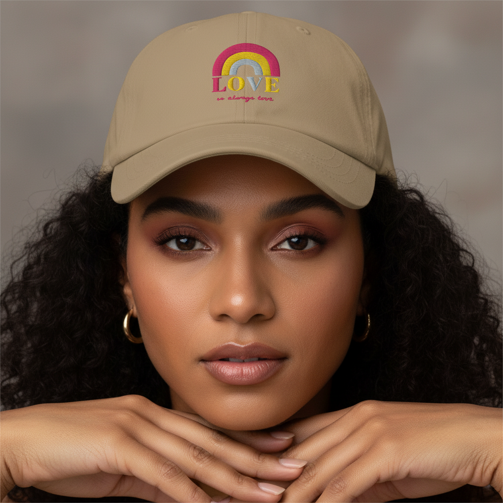 Tan queer pride cap with rainbow and “Love Is Always Love!” in bold colors, worn by woman with long curly hair, chill vibe.