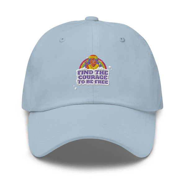Front-facing light blue cap with rainbow embroidery and “FIND THE COURAGE TO BE FREE” text