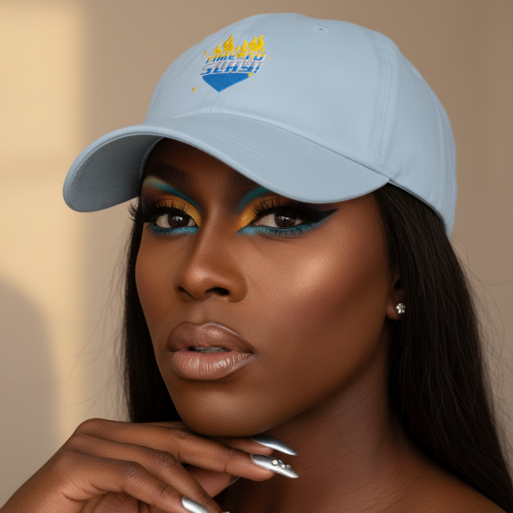 Time To Slay! Cap with a bold, colorful flame logo; worn by a woman rocking blue and gold eyeshadow and long dark hair.