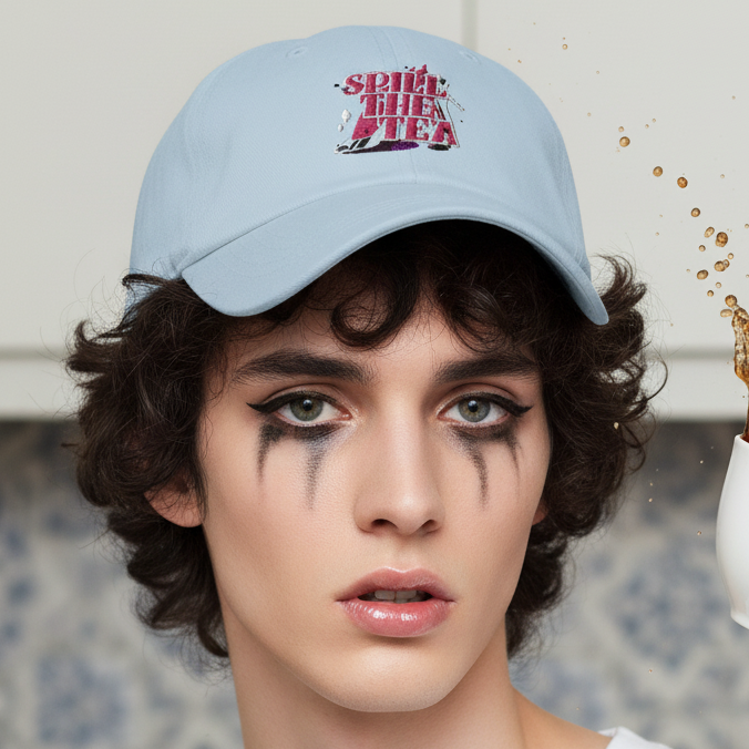 Light blue "Spill The Tea" cap on person with bold black eye makeup, curly dark hair; tea splashes add queer playful vibe.