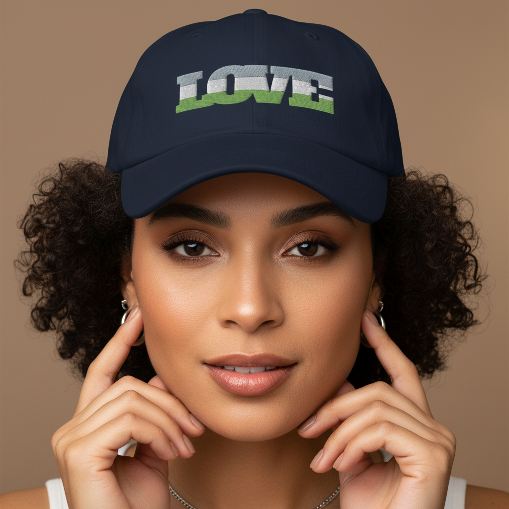 Genderqueer Love Cap: a navy pride hat repping “LOVE” in bold white and green, rocked by a curly-haired femme against beige.