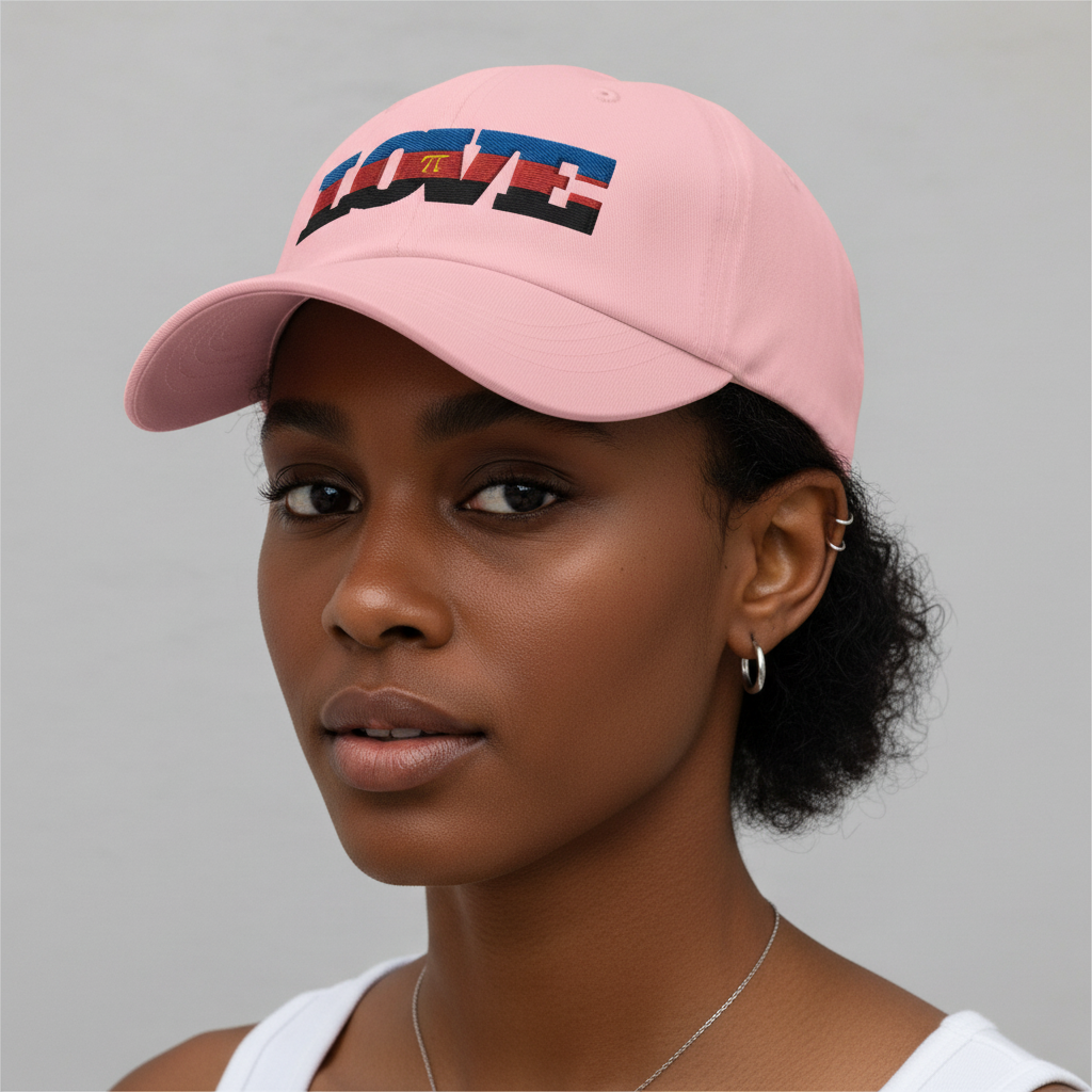 Polyamory Love Cap: light pink hat with “LOVE” in bold and a rainbow stripe, worn by a queer femme in hoops and white tank.