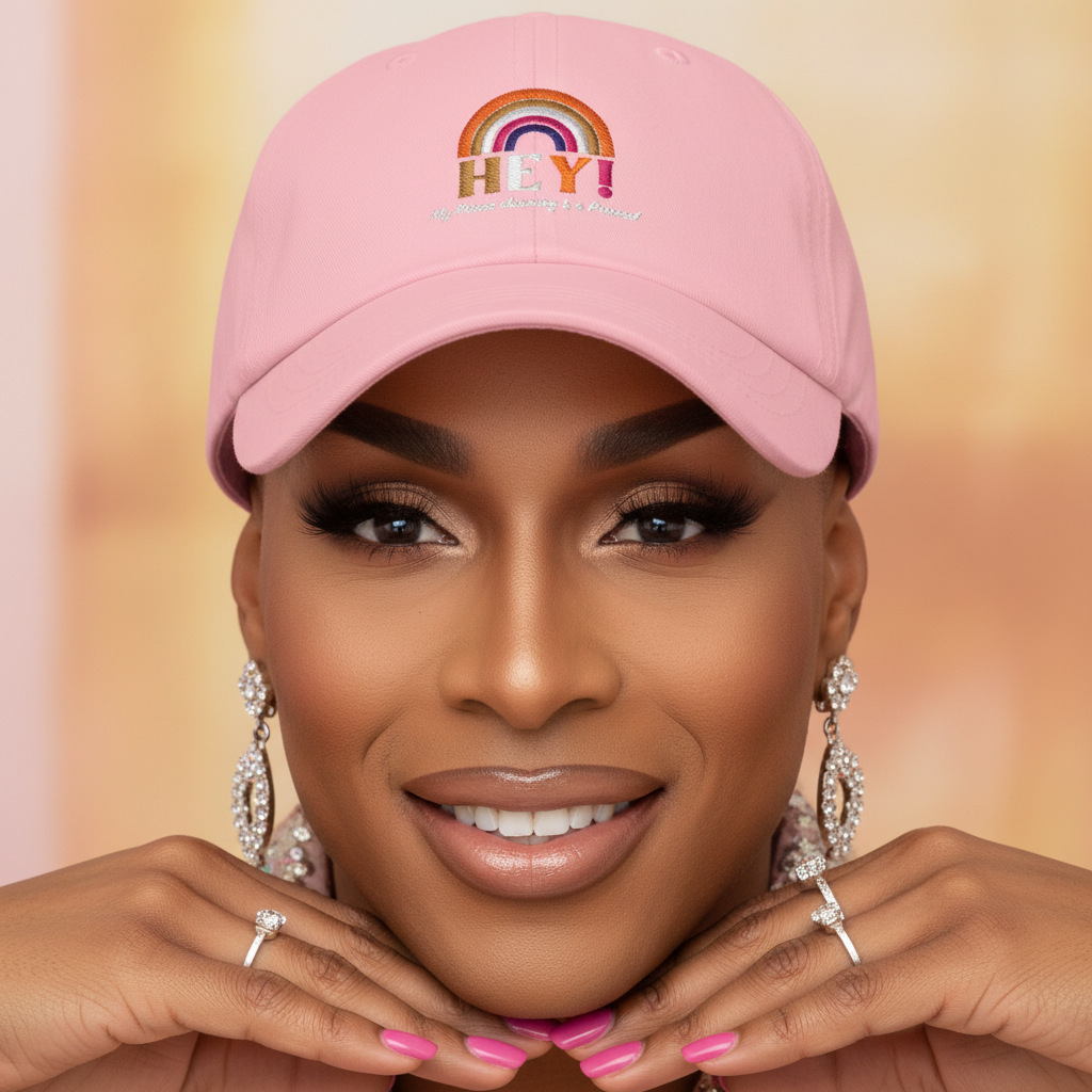 Pink baseball cap with "Hey! My Prince Charming Is A Princess!" slogan, rainbow and HEY! embroidery; femme queer glam vibes.