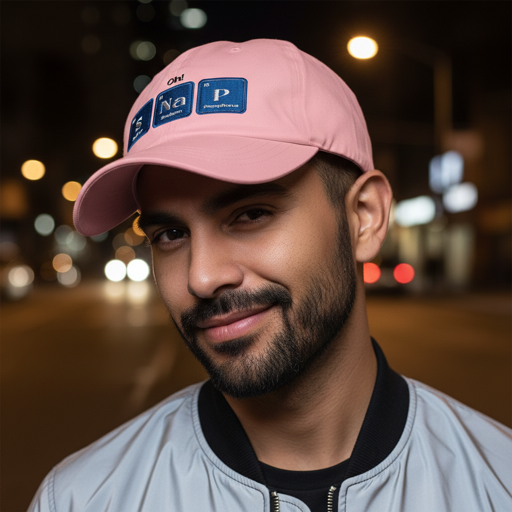 Queer pride pink Oh! SNaP Cap with periodic table symbols, worn by a bearded man in a light jacket on a city street at night.